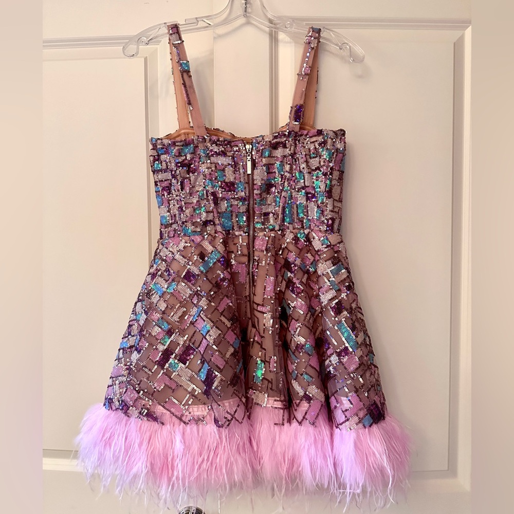 Bronx and Banco Sequin Mini Dress with Pink Feather Trim - Picture 3 of 6